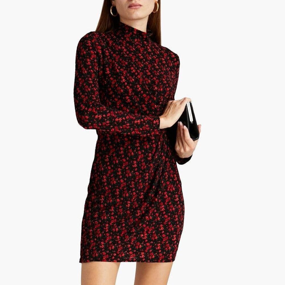 Black Halo Briar Dress Mock Neck Floral Mini Long Sleeve Red Black 2
